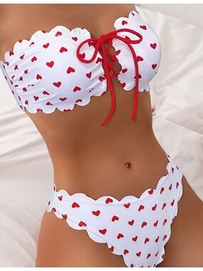 Love ❤️ Me More White Lace Up Bandeau Bikini 👙 Scalloped Red Heart Print